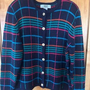 Vintage Segue Plaid Knit Cardigan Sweater with Gold Coin Buttons 5% Mohair